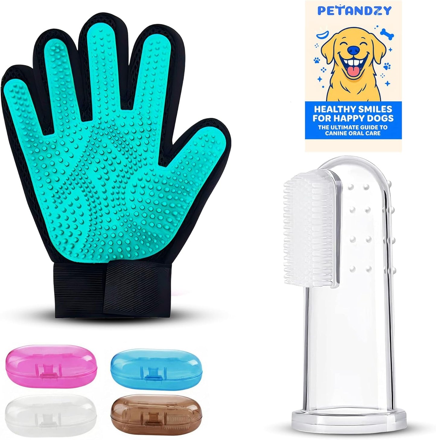 Dog Toothbrush Kit + Pet Hair Removal Glove – 4 Silicone Finger Toothbrushes with Travel Cases – Pet Dental Care & Teeth Cleaning, Plaque & Tartar Control – Dog Grooming Gloves – Free QR eBook