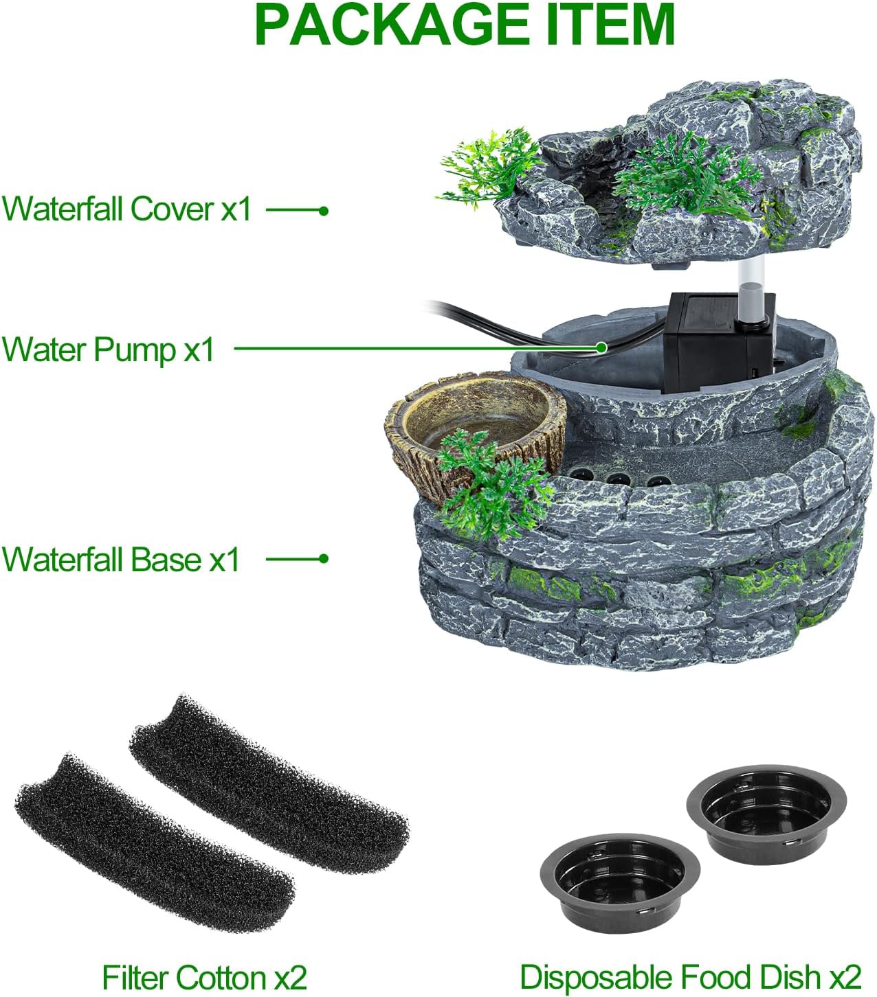 500ML Reptile Waterfall Fountain, Reptile Water Drinking Fountain for Bearded Dragons, Geckos & Lizards – Terrarium Waterfall with Feeding Bowl, Flowing Water, Natural Resin