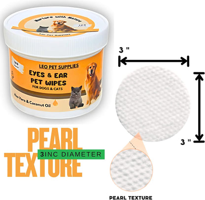 Eye & Ear Wipes for Pets - (100 Count) - Cleanser for Dogs and Cats, Non-Irritating Ingredients; Aloe Essence and Coconut Oil, Specially formulated, Everyday use, Unscented