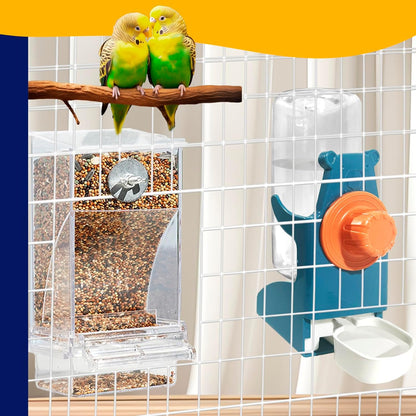 VERTUPET No Mess Bird Feeders with Water Dispenser Automatic Transparent Acrylic Food Container Drinker for Cage Automatic Parrot Feeder Seed Container Cage Accessories (Blue)