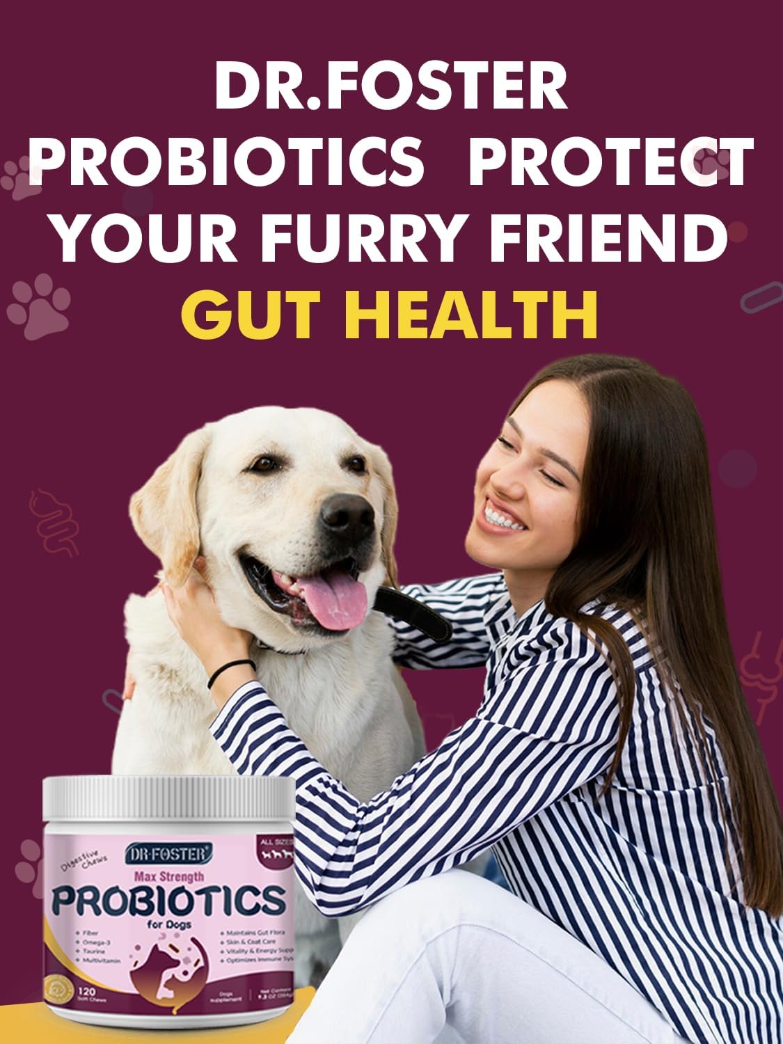 Probiotics for Dogs - Dog Probiotics for Digestive Health, Prebiotic, Digestive Enzymes for Dogs with Pumpkin, Omega-3, Support Gut, Immune, Diarrhea, 120 Soft Chews
