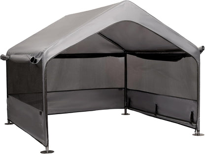 Summertrail Extra Large Dog House Outside, Dog Tent Outdoor, Big Dog Shade Shelter Doghouse Canopy with Three-Sided Breathable Mesh Windows, Gray Sun Rain Cover for Pet Cat Livestock 4'x 4'x 3.3'