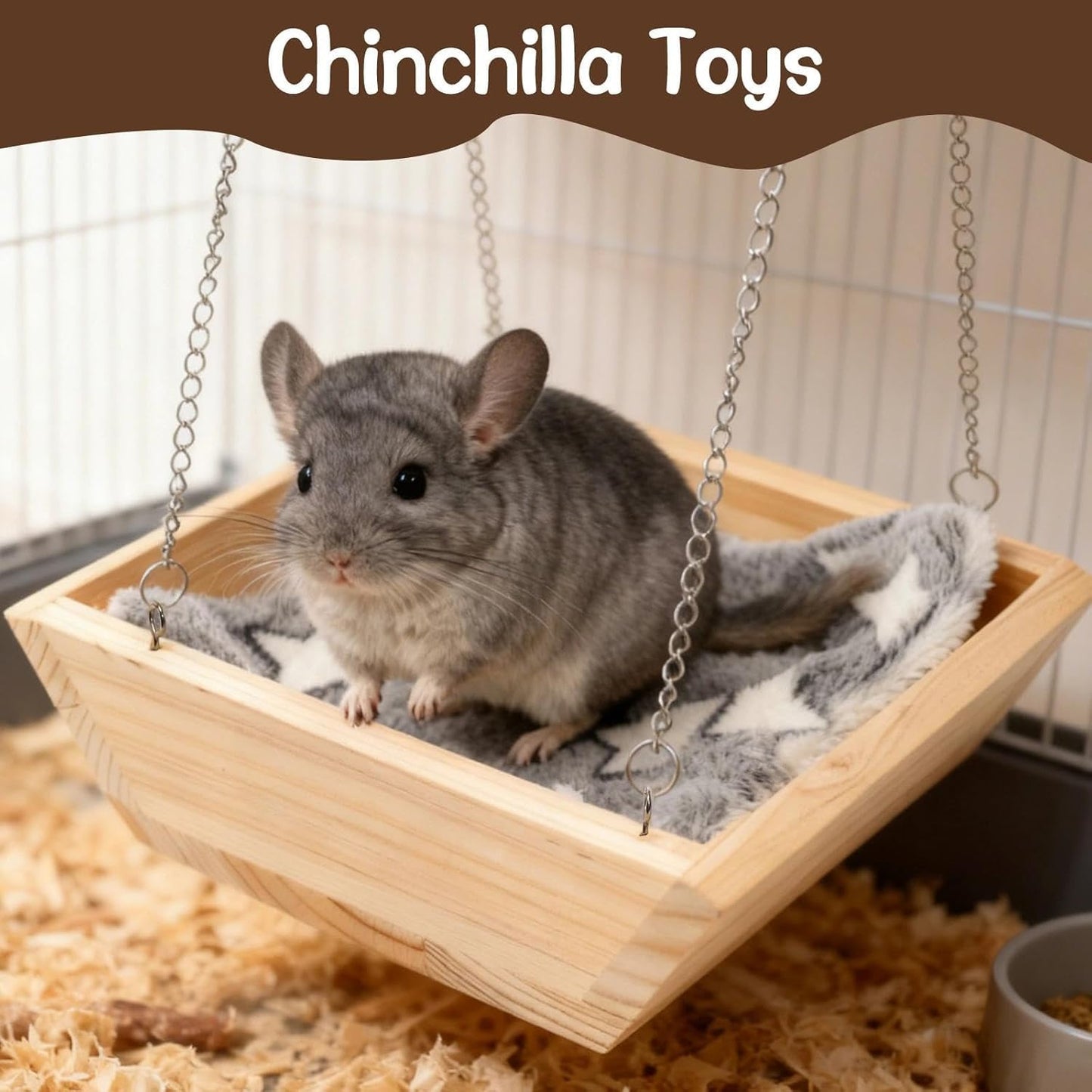 Large Wooden Hanging Bed with Soft Plush Mat for Chinchilla, Hammock for Rat Cage, Guinea Pig Ferret Swing, Small Animal Cage Accessories Resting Nest
