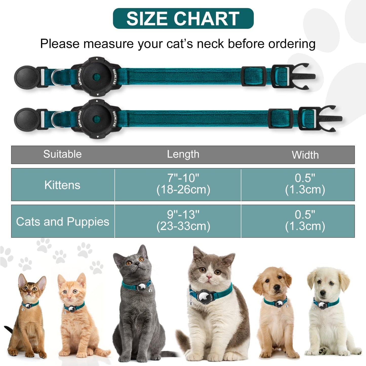 Luminous AirTag Cat Collar Breakaway, OUCWLTAG GPS Cat Collar with Apple Air Tag Holder, Cat Tracker Collars with Safety Elastic Band for Girl Boy Cats, Kittens and Puppies (Blue, 9-13 Inch)