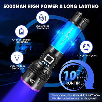 UV Flashlight 20W, 5000 mAh High Power 365nm UV Light, Led Usb Rechargeable Black Light Flashlight for Pet Urine Detection, Resin Curing, Rock Hunting, Traveling, AC Leak,Uranium Glass,Blood Tracking