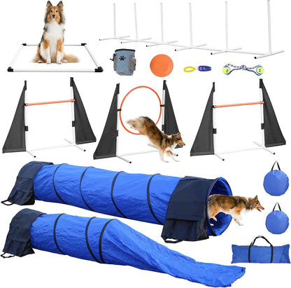 Agility Training Equipment for Dogs,Dog Agility Equipment for Backyard&Indoor Training-Professional Backyard Course with Adjustable Jumps,Collapsible Tunnel,Storage Bags&Toys (Blue, 13 PCS SET)