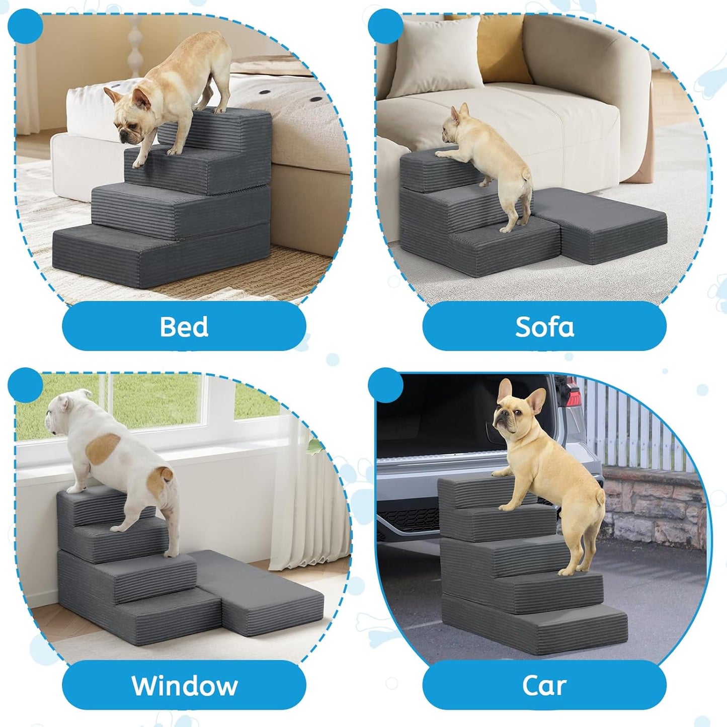 Dog Stairs for Small Dogs 22.4 H'', 5 Step Pet Stairs for High Beds Climb, Non-Slip Dog Steps for Bed Balanced, Foldable Soft Foam Support with Removable Washable Cover, Grey
