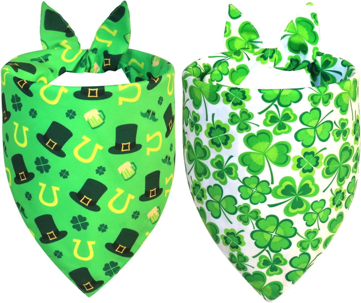 St. Patrick’s Day Bandanas 2-Pack - Reversible Leprechaun Hats Shamrock Scarf for Medium to Large Dogs, Green & White Costume Accessories for Irish Gift