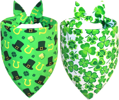 St. Patrick’s Day Bandanas 2-Pack - Reversible Leprechaun Hats Shamrock Scarf for Medium to Large Dogs, Green & White Costume Accessories for Irish Gift