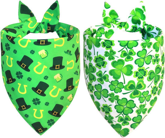 St. Patrick’s Day Bandanas 2-Pack - Reversible Leprechaun Hats Shamrock Scarf for Medium to Large Dogs, Green & White Costume Accessories for Irish Gift
