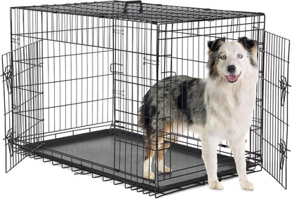 Sweetcrispy Dog Crate, 42 Inch Double Door Folding Metal Wire Dog Cage with Plastic Leak-Proof Pan Tray, Large XL Pet Kennel for Indoor, Outdoor, Travel