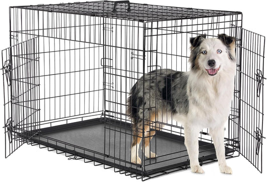 Sweetcrispy Dog Crate, 42 Inch Double Door Folding Metal Wire Dog Cage with Plastic Leak-Proof Pan Tray, Large XL Pet Kennel for Indoor, Outdoor, Travel