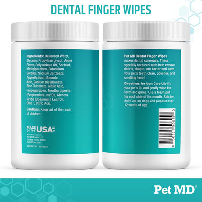 Pet MD Pet Dental Finger Wipes for Dogs - Plaque and Tartar Remover for Dogs to Improve Oral Care - Pet Teeth Cleaning Finger Wipes for Healthy Gums and Fresh Breath - Fresh Apple & Mint, 50ct