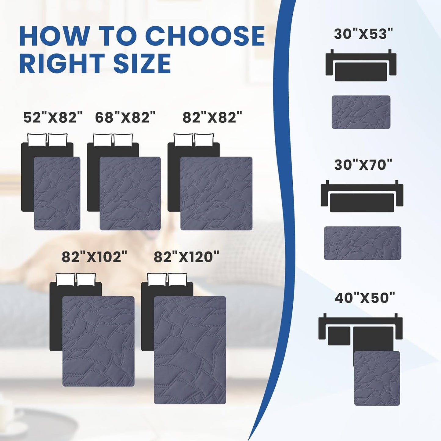 Waterproof Dog Blanket, Non-Slip Soft Pet Bed Cover, Couch Cover for Dogs Washable, Protects Sofa, Furniture, Crate, Car, Tear Resistant Leakproof Pet Blanket (68x82 Inch, Grey Blue)