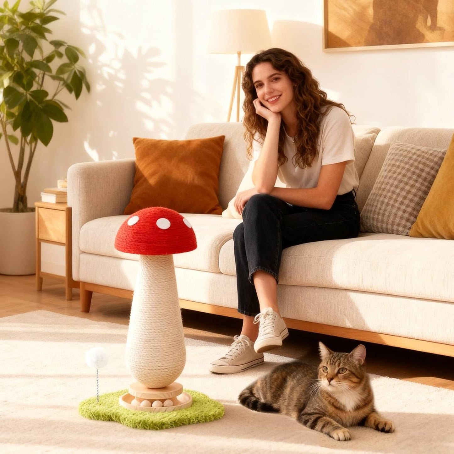 Cat Scratching Post,Mushroom Cat Scratcher with Sisal Scratching Poles with Interactive Toy Ball,Indoor Cat Toy
