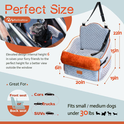 Dog Car Seat for Small/Medium Dogs,Premium Booster Seat for Dogs Under 30lbs,Pet Car Seat Travel Bed with Dog Pillow and Waterproof Pad,Detachable and Washable,Memory Foam Filling(Grey)
