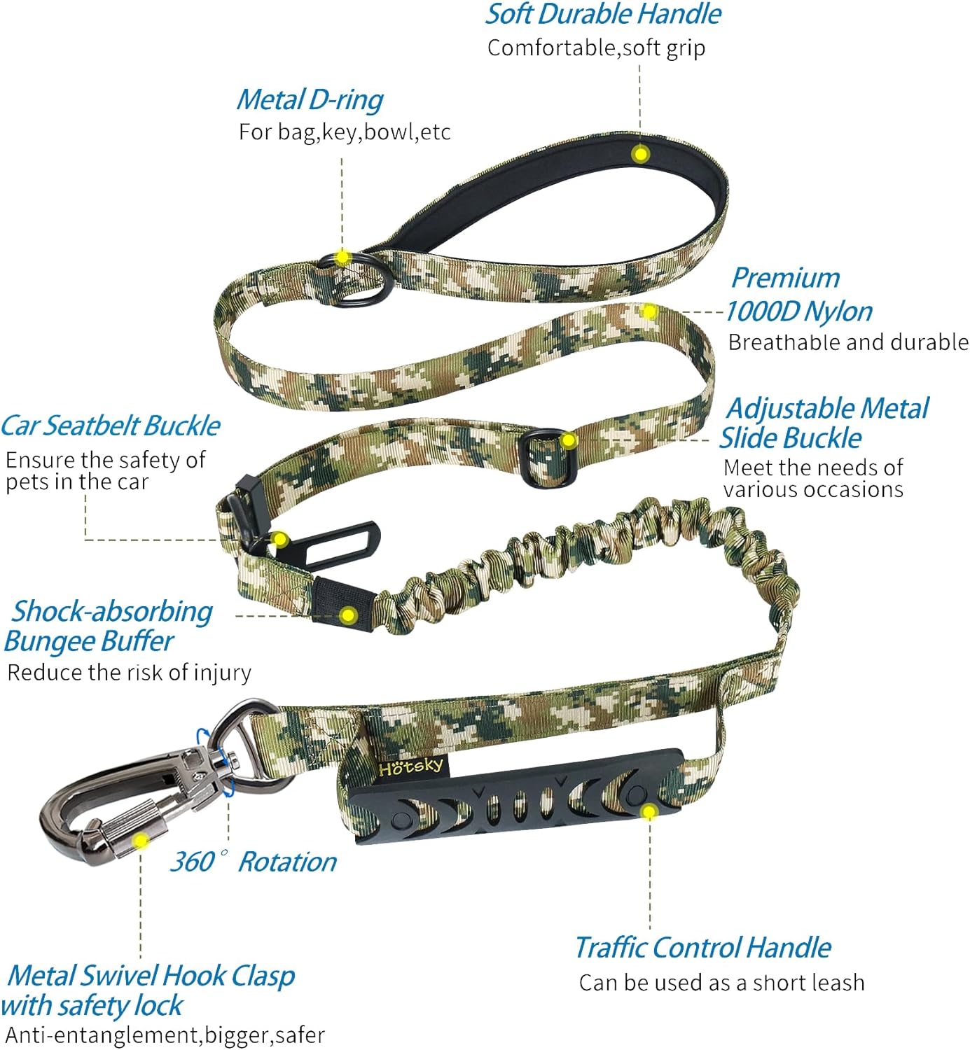 Hotsky Tactical Dog Seatbelt Harness for Medium Dogs No Pull, Adjustable Military Service Dog Vest Reflective Pet Harness with Control Handle Molle Loop Panels for Dogs Training Walking(Army Camo, M)