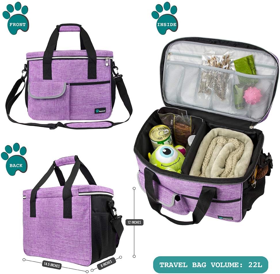 PetAmi Dog Travel Bag, Travel Pet Bag Organizer, Dog Food Travel Bag with Container Collapsible Bowls, Pet Travel Supplies Gift Accessories for Weekend Camping, Puppy Cat Diaper Bag, Purple Medium
