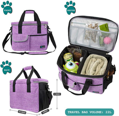 PetAmi Dog Travel Bag, Travel Pet Bag Organizer, Dog Food Travel Bag with Container Collapsible Bowls, Pet Travel Supplies Gift Accessories for Weekend Camping, Puppy Cat Diaper Bag, Purple Medium