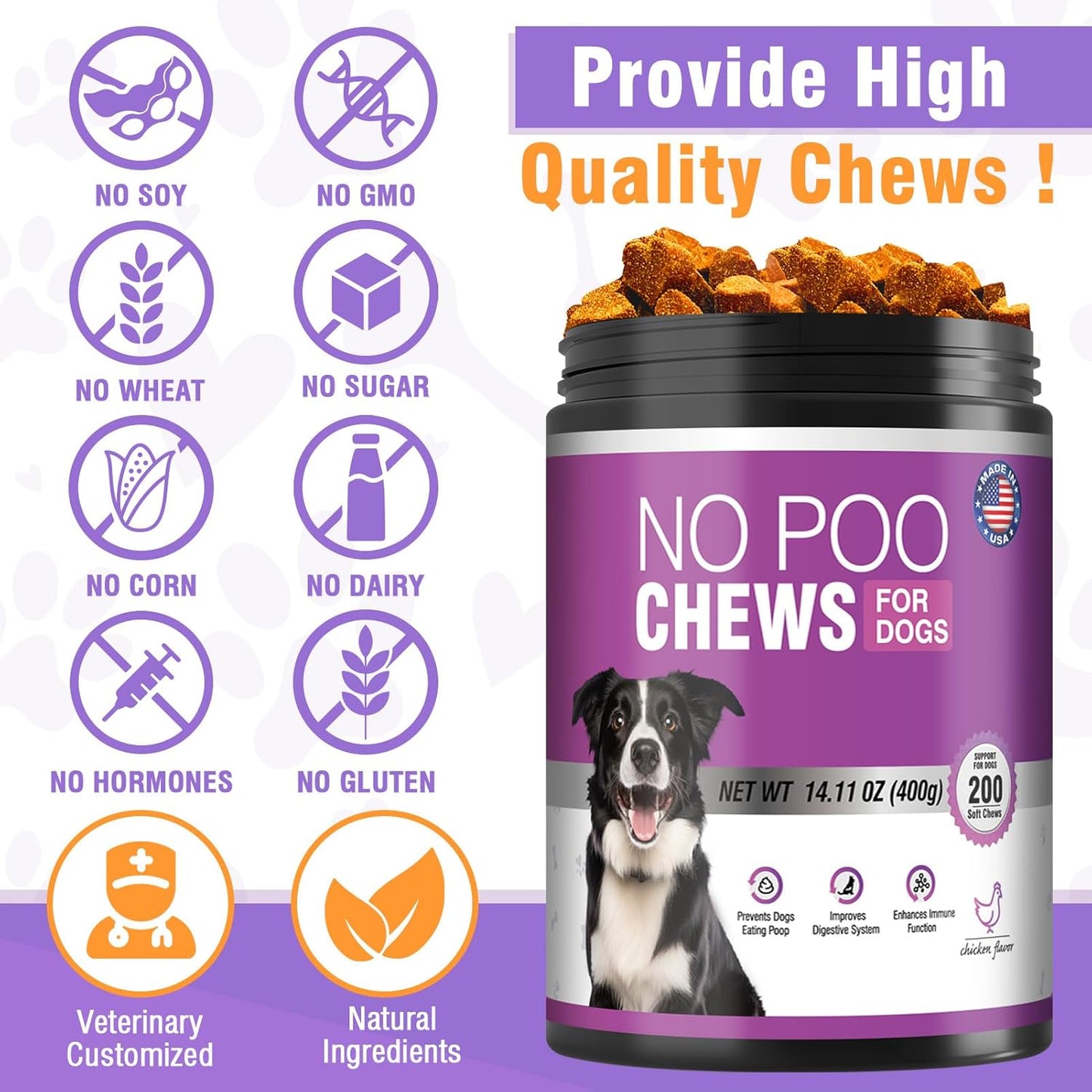 200 Chews No Poo Chews-No Poop Eating Deterrent for Dog-Coprophagia Deterrent for Dogs-Prevent Stop Dogs from Eating Poop Supplement with Digestive Enzymes&Probiotics-Breath Freshener-Chicken Flavor