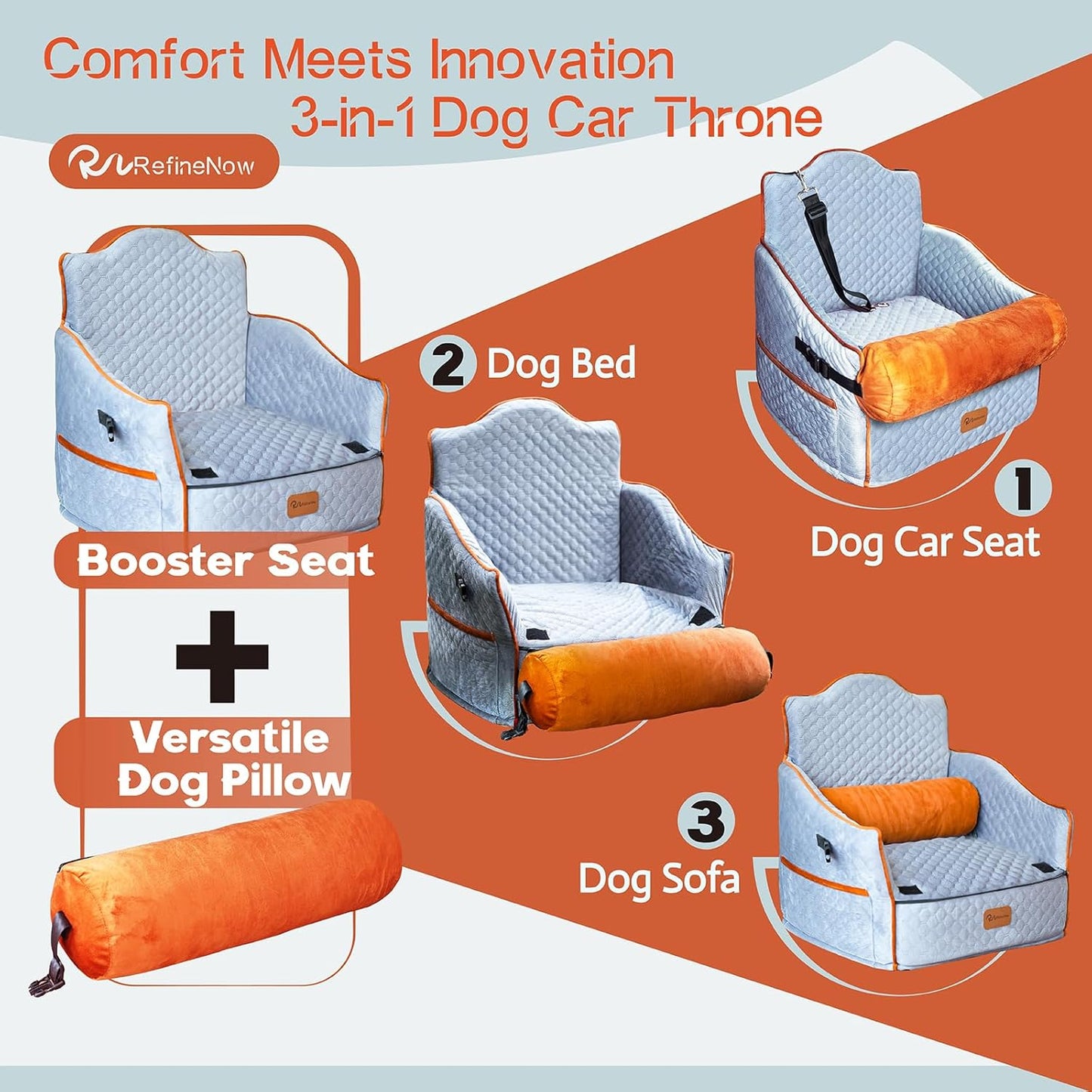 Dog Car Seat for Small/Medium Dogs,Premium Booster Seat for Dogs Under 30lbs,Pet Car Seat Travel Bed with Dog Pillow and Waterproof Pad,Detachable and Washable,Memory Foam Filling(Grey)