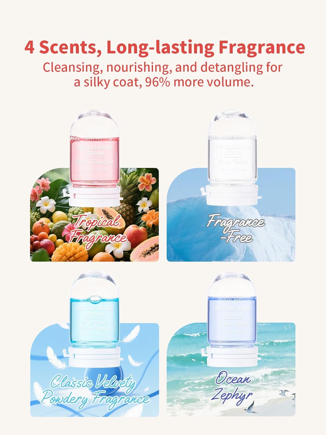 Waterless Dog & Cat/Kitten Shampoo – Odor Control, Safe to Lick, Plant-Based, No Bath Needed – Stain Remover – 8 x 0.41 fl oz (12ml) Travel Tubes – 4 Calming Scents – Ideal for Sensitive Pets