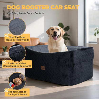 Dog Car Seat for Large Medium Dogs up to 60 lbs – Elevated Dog Booster Seat for Cars with Extra-Safe 14in High Front, Memory Foam Cushion, Washable Cover, Backseat Pet Car Bed (Black/Grey)