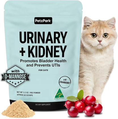Urinary and Kidney Powder Supplement for Cats - Cranberry, Nettle Seed, D-Mannose for Cat UTI Treatment, Urinary Tract Health, and Kidney Care - Fast UTI Relief & Prevention - 60 Scoops