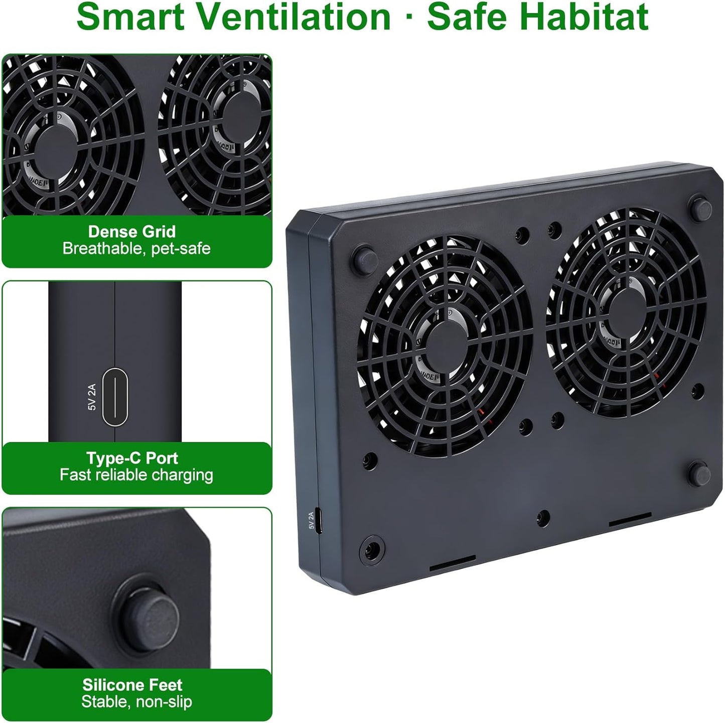 Reptile Dual-Head Temperature & Humidity Fan – Quiet Automatic Climate Control with Digital Display for Terrariums, Reptiles & Amphibians