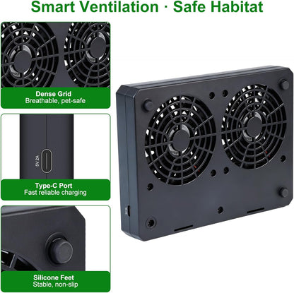 Reptile Dual-Head Temperature & Humidity Fan – Quiet Automatic Climate Control with Digital Display for Terrariums, Reptiles & Amphibians