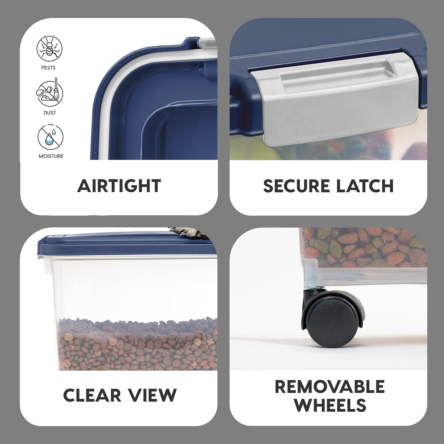 IRIS USA 2-Piece 41 Lbs / 45 Qt WeatherPro Airtight Pet Food Storage Container Combo and Treat Box for Dog Cat and Bird Food, Stackable, Keep Fresh, Translucent Body, Easy Mobility, Navy