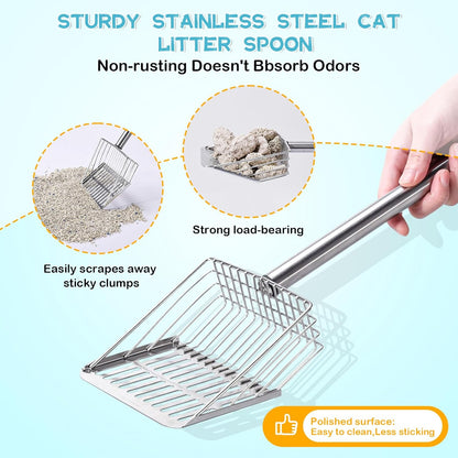 Metal Cat Litter Scoop with Holder Stainless Steel Kitten Poop Scooper, 17.5" Heavy Duty Pet Poop Sifter for Cat Box, Long Handle Large Waste Shovel, Fast Sifting Big Clumps, Solid & Durable