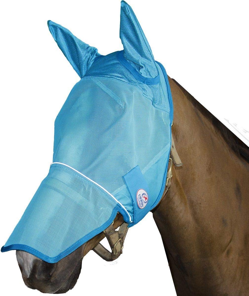 Derby Originals Reflective Mesh Fly Mask with 1 Year Warranty Includes Ears and Nose Cover,Summer Blue,Large (Full/Average),72-7109SB-L