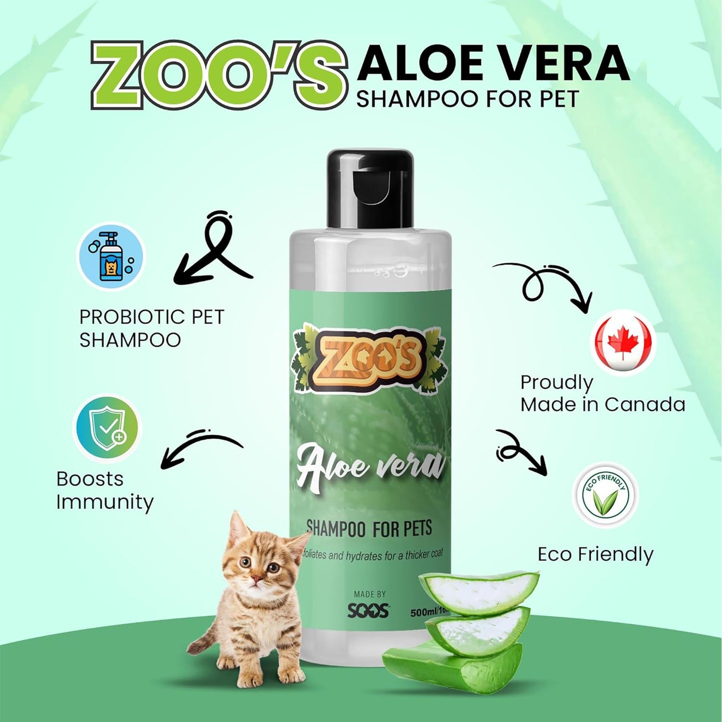 Zoo’s Pet Aloe Vera Shampoo for Dogs and Cats - Fast Absorbing, Moisturize Skin & Fur for Stronger, Thicker Coat - Remove Dead Skin Cells - 500ml