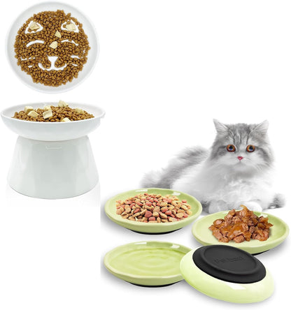 BNOSDM Raised Cat Slow Feeder Bowl and Green Ceramic Shallow Cat Food Bowls for Small Cats