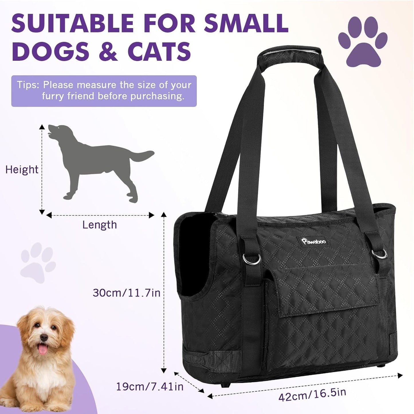 Pawaboo Dog Purse Carrier for Small Dogs with Pocket, Lightweight Dogs and Puppies Tote Bag Carrier, Dog Carriers Soft Sided for Puppy Cat Rabbit, Shopping Travel Puppy Carriers Under 11 LBS, Black