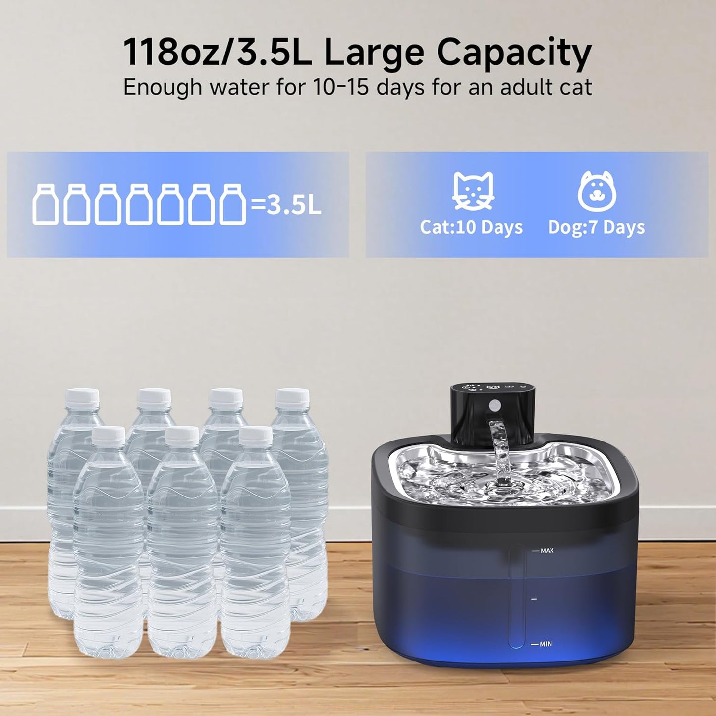 Wireless Cat Water Fountain with Stainless Steel Tray, 3.5L/118oz Rechargeable Battery Pet Water Dispenser, Ultra-Quiet Indoor Fountain with Motion Sensor, BPA-Free(2Filters)