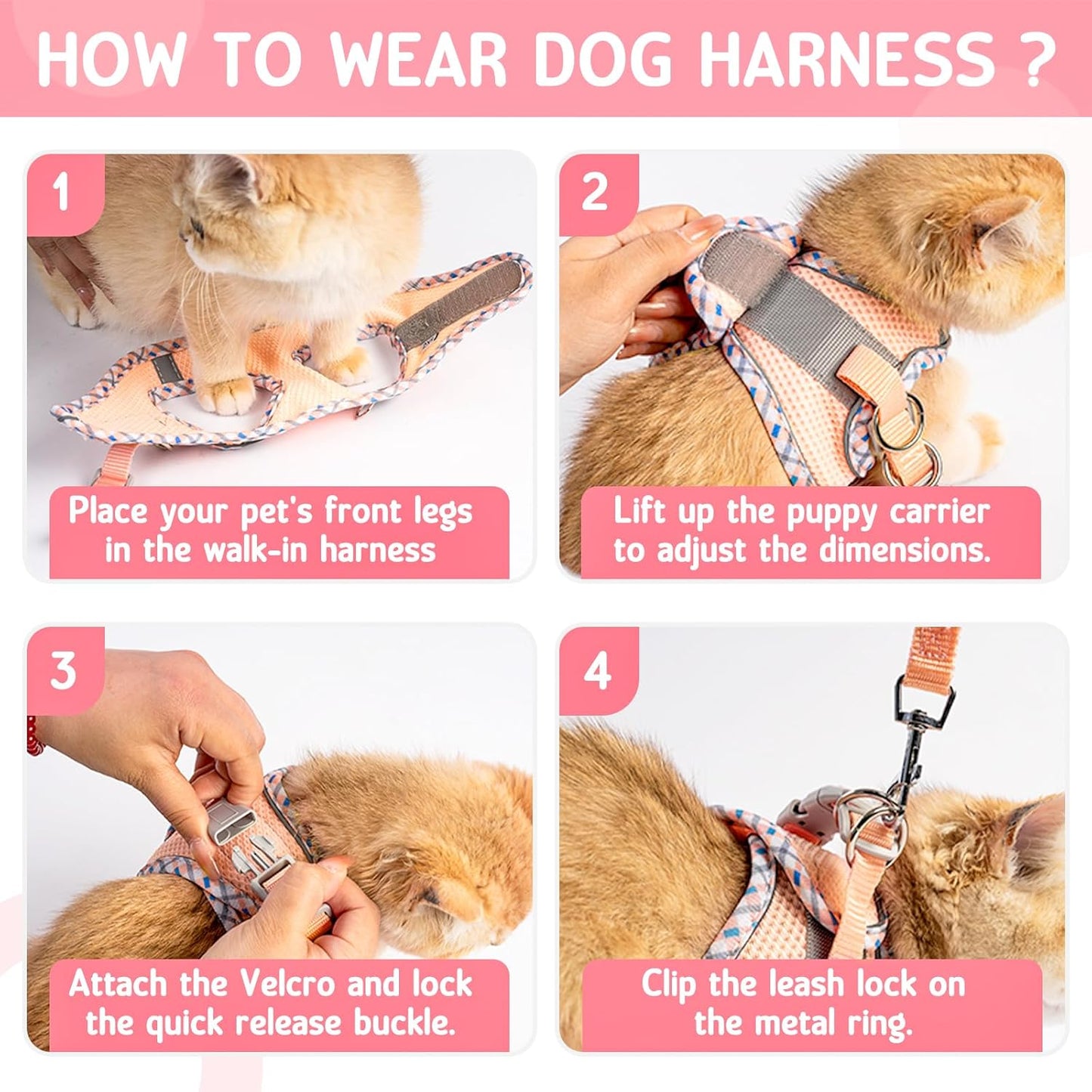 Cat Harness and Leash Set - Breathable Mesh Vest with Reflective Strips, Escape-Proof Harness with No-Choke Design Secure Lock Buckles for Kittens or Puppies, XXS Pink(Fits 1-4 lbs Kittens)