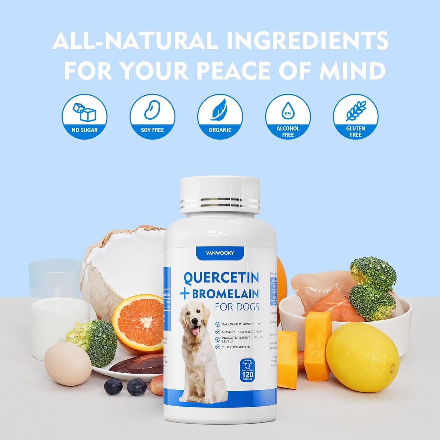 Quercetin + Bromelain for Dogs – Immune & Allergy Support Supplement, Inflammatory Relief, Antioxidant Formula, 120 Beef-Flavored Chewable Tablets