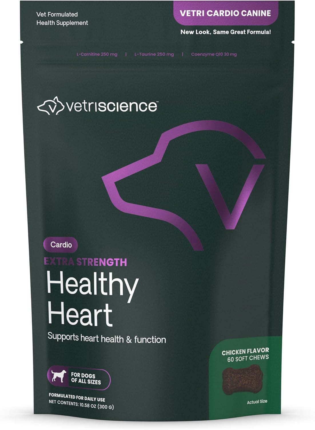 VetriScience Extra Strength Healthy Heart Chews, Vetri Cardio Supplement for Dogs, Heart Support Supplement with Taurine, Carnitine, CoQ10, Hawthorn and Berberine, Chicken, 60 Count