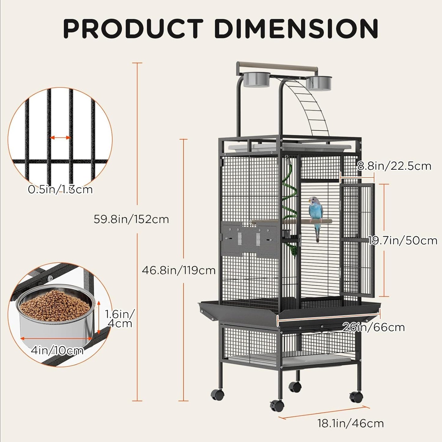 Spacious 60 Inch Wrought Iron Bird Cage with Rolling Stand, Play Top, 4 Stainless Steel Bowls - Ideal for Conure, Cockatiel, Parakeet, Lovebird, Budgie, Small Birds