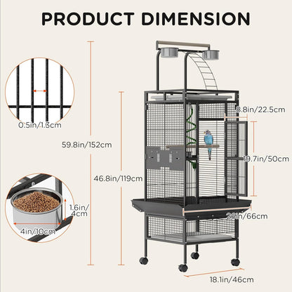Spacious 60 Inch Wrought Iron Bird Cage with Rolling Stand, Play Top, 4 Stainless Steel Bowls - Ideal for Conure, Cockatiel, Parakeet, Lovebird, Budgie, Small Birds