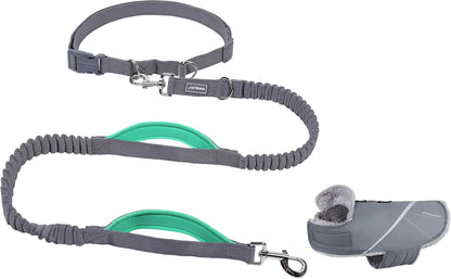 VIVAGLORY Hands Free Dog Leash + Dog Coat, Running Waist Leash with Belt for Running Walking, Warm Fleece Lined Reflective
