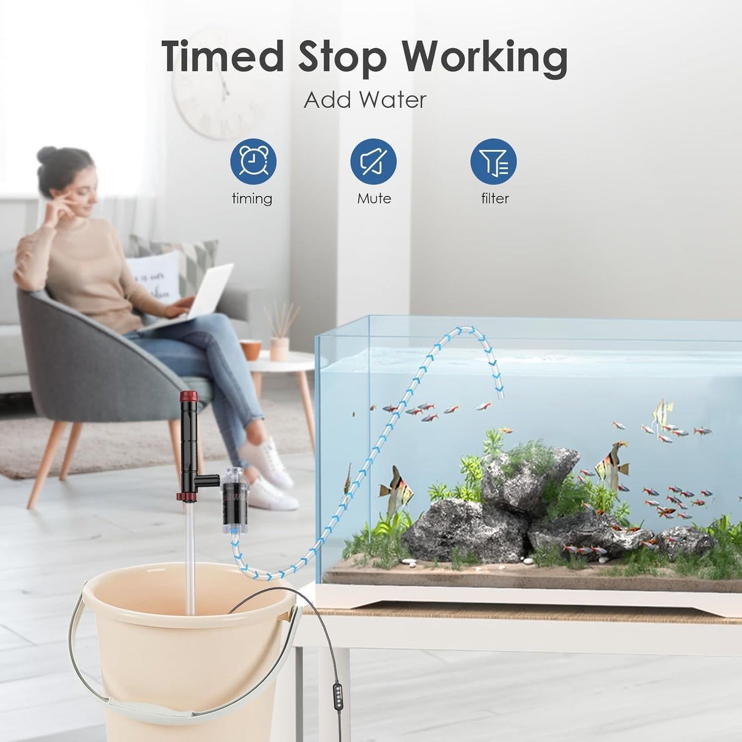 AKKEE Aquarium Vacuum Gravel Cleaner, 36W Electric Fish Tank Cleaner Vacuum, 8 in 1 Multifunctional Aquarium Cleaner for Automatic Water Change, Wash Sand, Water Circulation and Timed Off