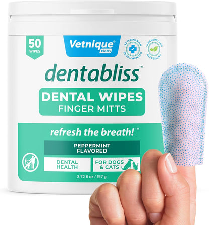 Vetnique Dentabliss - Dog Teeth Cleaning Finger Mitt Dental Wipe - Dog Plaque & Tartar Prevention with Brushing Beads - Flavored Dog Teeth Wipes, Dog Breath Freshener (Peppermint)