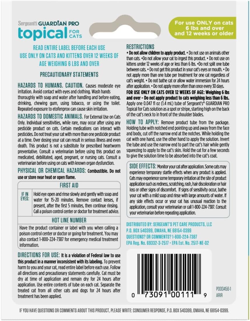 Sergeant's Guardian Pro Flea & Tick Squeeze On Topical Cats 6lbs and Over., 3 Count
