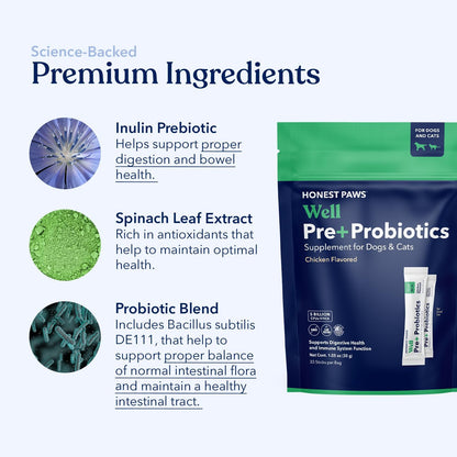Honest Paws Probiotics for Dogs - Digestive & Immune Support Powder with Prebiotic Made in The USA, Chicken Flavor (30 Sticks)