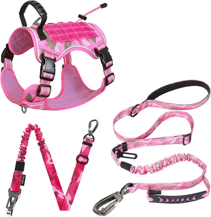Hotsky Tactical Dog Harness and Leash for Medium Dogs No Pull, Adjustable Reflective Military Dog Vest Harness with Control Handle Molle System for Dogs Training Walking(Pink Camo, L)