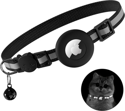 Airtag Cat Collar Breakaway, Adjustable Reflective Kitten Cat Collar with Apple AirTag Holder and Bell for Cats and Puppies (Black)