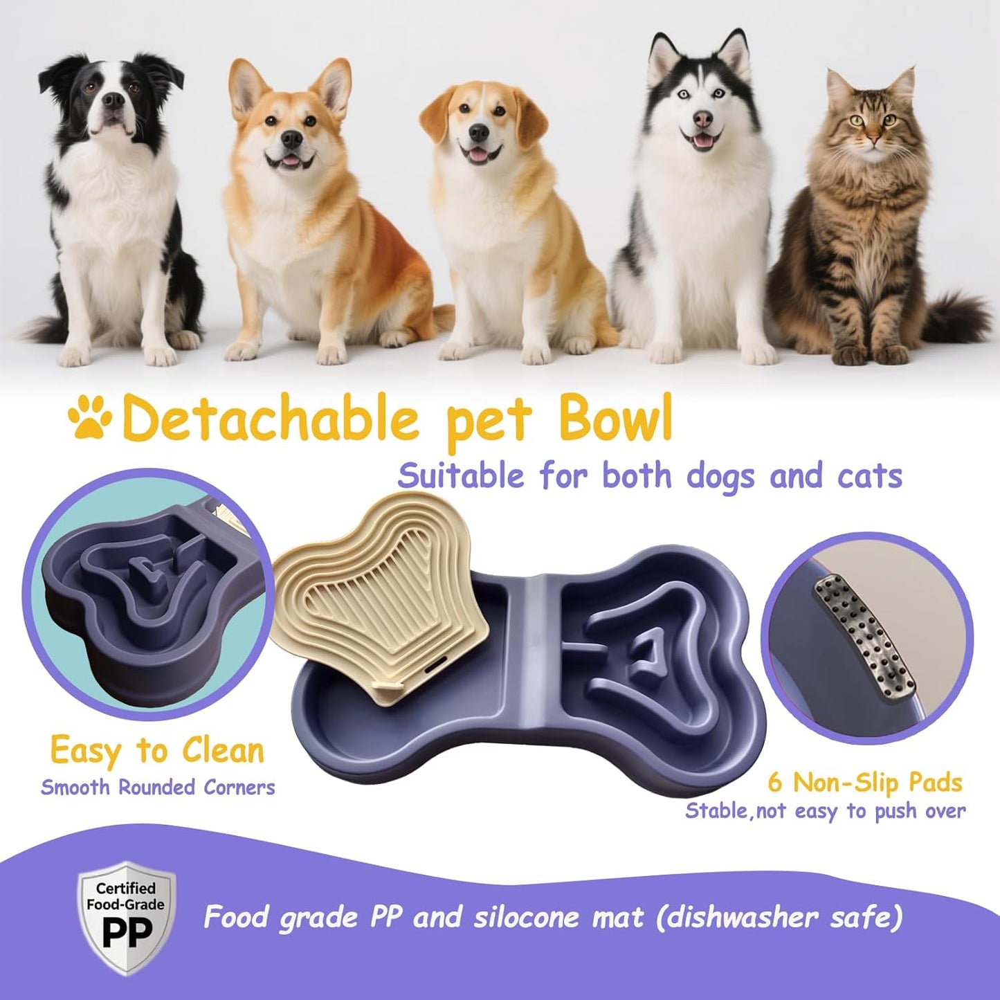 Bone Slow Feeder Bowl for Dogs Cats - 2-in-1 Lick Mat & Water Dish with 6 Non-Slip Pads, Food-Grade PP & Silicone Pet Bowl for Anti-Choking，Fun Feeding，Anxiety Relief (Purple)